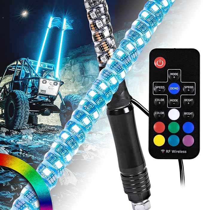 True Mods 2pc 5ft Spiral RGB LED Whip Light for UTV ATV [RF Wireless Remote] Flag Waterproof LED Lighted Whip CB Antenna Pole Stick for RZR Can-Am Polaris SxS 4x4 Quad Dune Buggy 4 Wheeler Accessories