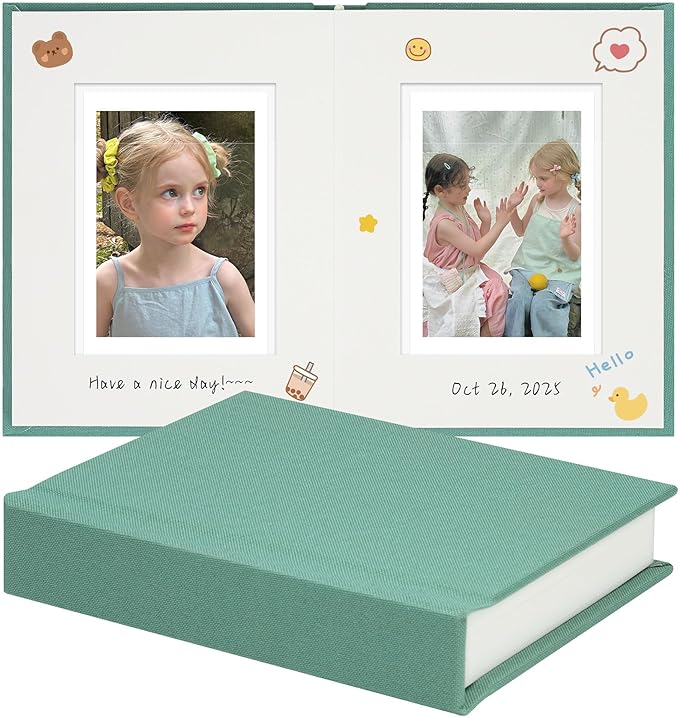 Vienrose Polaroid Photo Album with Writing Space – 2x3 Photo Album for Instax Mini & Polaroid Go, 26 Pockets Wedding Travel Scrapbook, Small Linen Album for Instant Photos, Light Green