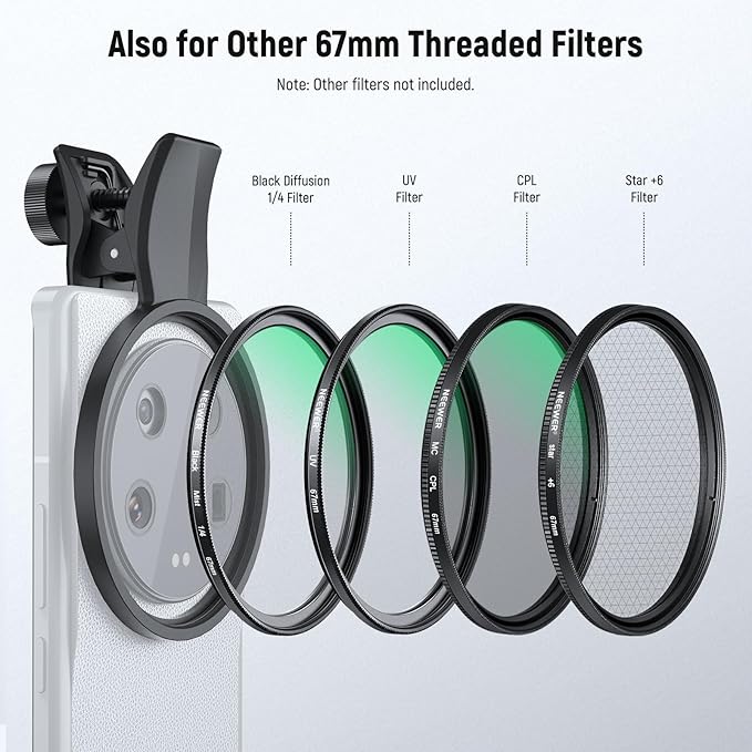 NEEWER 67mm Clip On Variable ND Filter for Phone, ND2-32 Neutral Density Photography Camera Lens Accessories Kit Compatible with Android Samsung Galaxy S25 Ultra Google Pixel Huawei, FL-B21