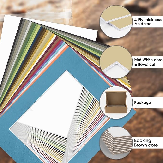 Golden State Art, Pack of 25 11X14 Various Colors Picture Mats Mattes With White Core Bevel Cut For 8X10 Photo + Backing + Bags