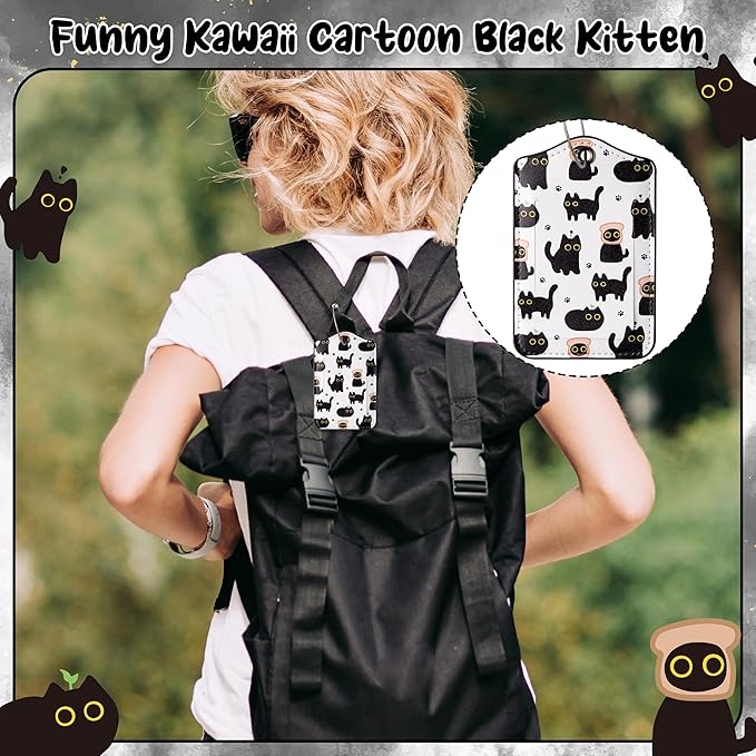 Laffact Black Cat Luggage Tag - 2 Sets Funny Kawaii Cartoon Black Kitten Cute Double Fabric PU Leather Luggage Tag Information Card Steel Loop for Women Men Suitcases Handbags Backpacks Cat Lovers