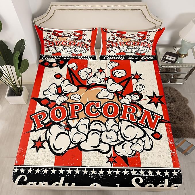 Erosebridal Movie Themed Bed Sheets Set Full Size Vintage Cinema Style Sheet Set for Boys Girls Family Home Theater Decor Sheets Movie Theater Decor Fitted Sheet Popcorn Print Flat Sheet