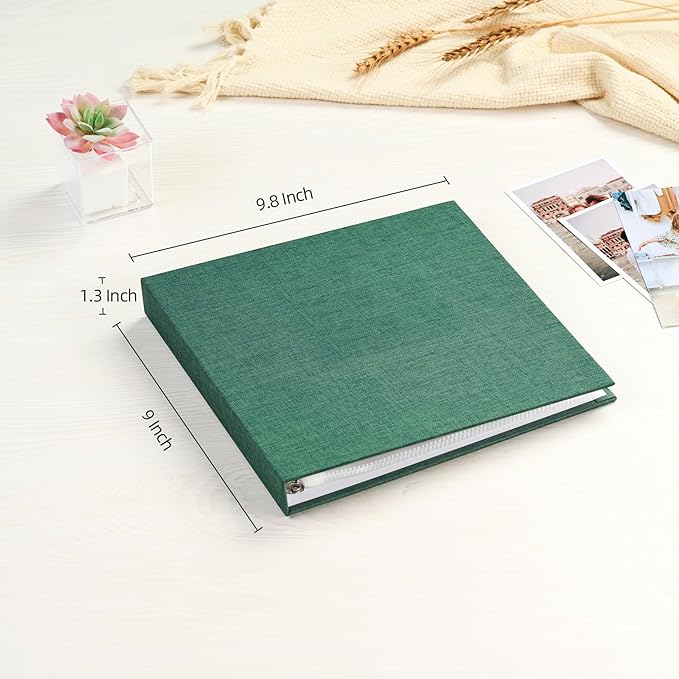 Mublalbum 8x8 Inch Small 3 Ring DIY Scrapbook Photo Album with 20 Plastic Sleeves 40 Pages Linen Cover Folder Binder for Baby Travel Wedding Anniversary and DIY Projects (Dark Green)