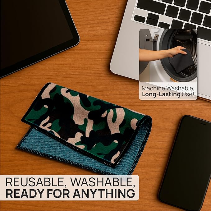 Quick Cloth Microfiber Glasses Cleaning Cloths – 8x8, Camo, 1 Pack with Case | Double-Sided Lens Cleaner for Eyeglasses, Camera, Screens & Glass | Reusable Microfiber Glass Polishing Cloths