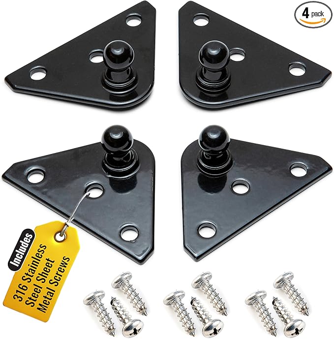 10MM Ball Stud Mounting Black Bracket for Gas Struts - Heavy Duty Lift Support Shock Brackets with Stainless Steel Screws - Ideal for Spring Hood Struts & Closer Piston Prop Mounts – x4 Flat