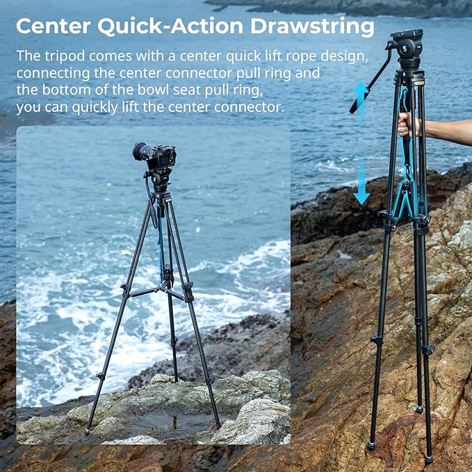 SmallRig AD-50 Heavy Duty Tripod, Carbon Fiber Video Tripod, 64" Lightweight Travel Tripods with Step-Less Damping Fluid Head, Detachable Handle, Lift Rope, Load up to 13.2lb for Camcorder, Cameras
