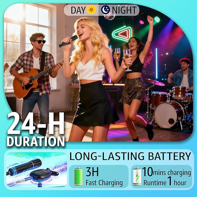 Rechargeable Wireless Microphones & Bluetooth Dual-Mics Receiver for Karaoke, Singing, Speech, DJ, 24H Battery, 200ft, RGB Light, Wireless Microphone Set for Mic/Aux/USB Port (Dual Mic, Black)