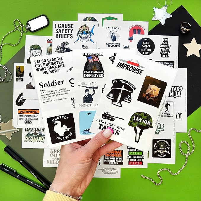 BulbaCraft 100Pcs Funny Army Stickers and Decals — Small Vinyl Military Stickers and Decals for Hard Hat & Helmets, Military or Army Gifts, Gifts for Women & Men