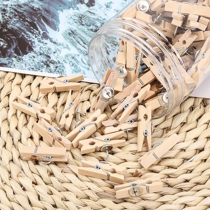 100Pcs Push Pin with Wooden Clips Tacks for Cork Board Artwork for Bulletin Board Crafts Arts Projects Photo Supplies(Wood Color)