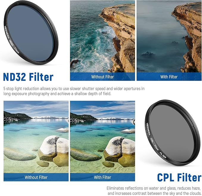 NEEWER 77mm Lens Filter Kit with Phone Lens Clip, CPL + ND32 + Star + 4 Graduated Color Filter Compatible with iPhone 17 16 16e 15 14 Pro Max Canon Nikon Sony Camera