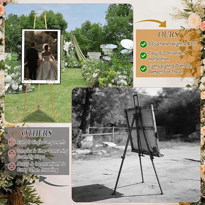 Gold Easel Stand for Sign, Round Tube Scroll Display Easel, Vintage Metal Floor Stand, Adjustable Chain Easel for Wedding Sign, Artwork, Pictures & Commercial Use