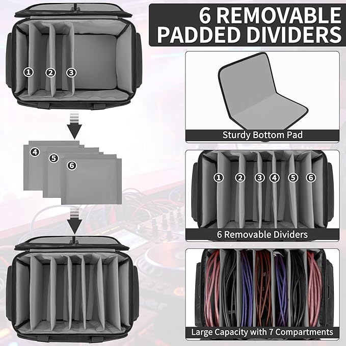 Cable File Bag With Adjustable Dividers Dj Gig Bag for Cables, Cords,DJ Gear,Sound Instrument and Accessories 16L x 11W x 12H inch, Grey