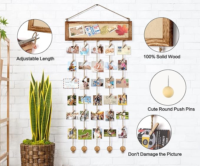 Bikoney Picture Frames Collage Wall Decor Hanging Photo Display Multi Pictures Organizer with Wood Bulletin Board Photo Board 30 Clips and 6 Pushpins for Room (Carbonized Black)