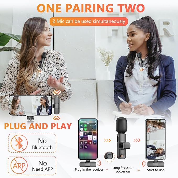 Wireless Microphone for iPhone, Android Phone, Laptop, 2 Pack Lavalier Microphone for Video Recording, Mini Mics with Noise Reduction for Podcast YouTube TikTok Vlog
