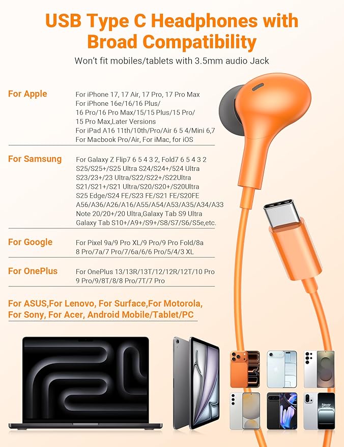 USB C Earbuds with Microphone Cute in Ear Wired Headphone USB-C Plug Ear Buds Corded Head Phone Magnetic Type C Earphone for iPhone 17 Pro Max 16 Plus 15 16e for Samsung A17 A16 S26 S25 S24