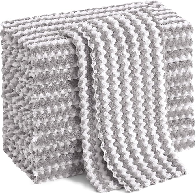 Homaxy 12 Pack Kitchen Dish Cloths, Ultra Soft and Absorbent Dish Towels, Reusable Fast Drying Microfiber Cleaning Cloth, Coral Velvet Wave Design No-lint, 10 x 10 inches, Grey