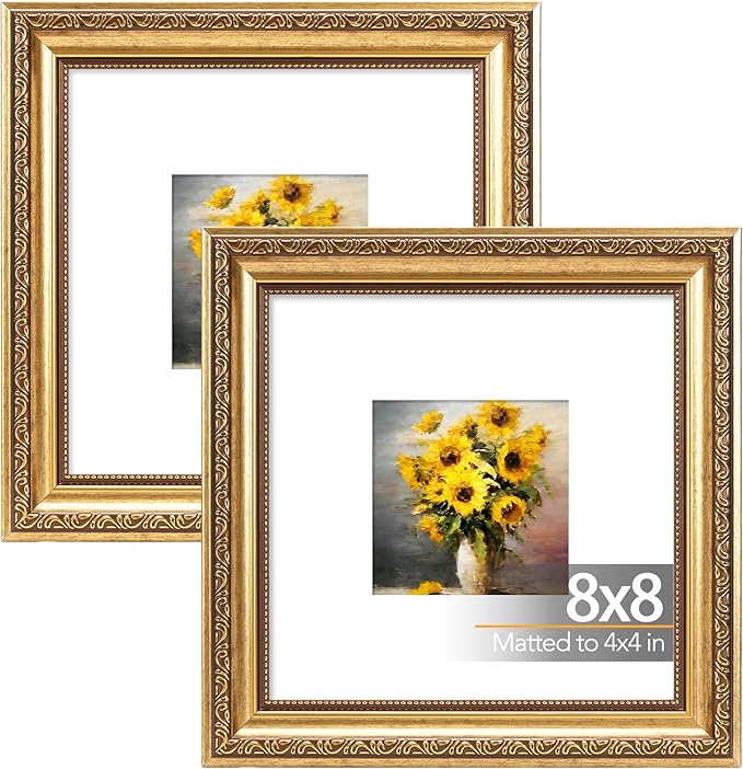 8x8 Vintage Picture Frame with 4x4 Mat Set of 2, Elegant Retro 8 by 8 Photo Frame with Shatter-Resistant Plexiglass for Wall or Tabletop Display, Gallery Decor & Gift, Gold, 2 Pack