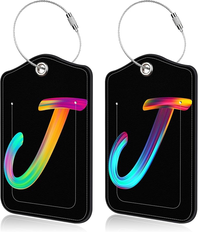 Luggage Tags for Suitcase,2 Pack Neon Colorful Letters Luggage Tags,Leather Baggage Tags Identifiers with Privacy Name Address Labels and Metal Loop for Women Men Girls Travel,Letter J