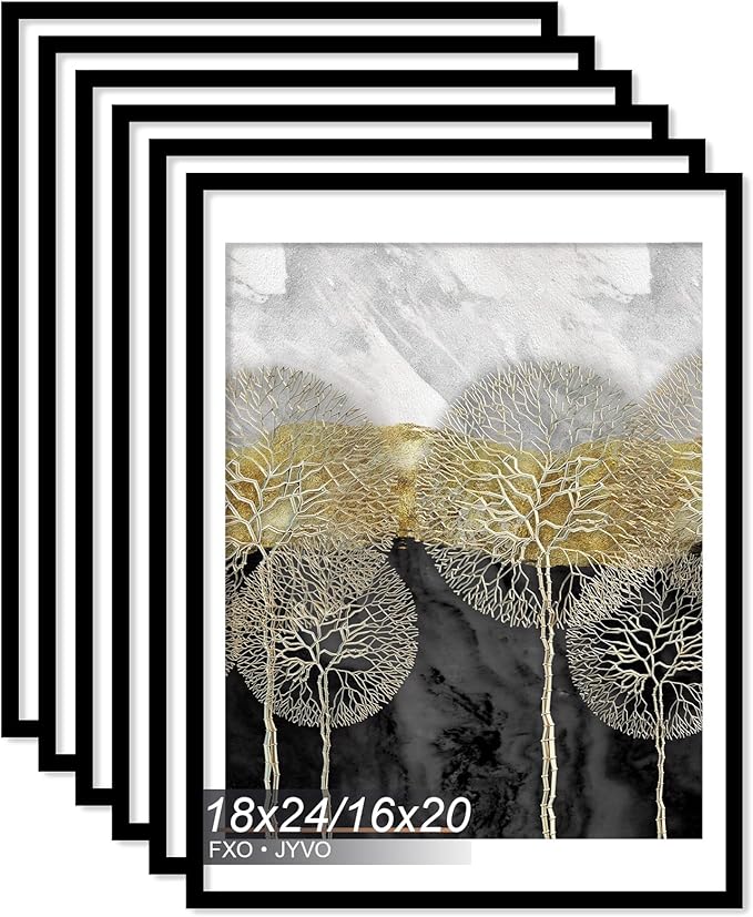 18x24 Picture Frame Set of 6, Display Poster 16x20 with Mat or 18 x 24 Without Mat, Light Weight and High Transparent 18 by 24 Frame for Wall - 6 Pack/Black/18 x24