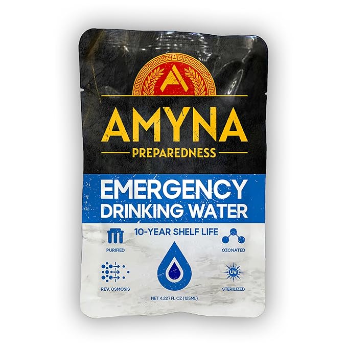 Emergency Drinking Water Pouches (96) 10-Year Shelf Life - Individual Survival Water Ration Packets for Disaster Preparedness - 4.227 fl oz / 125 ml - Made in USA