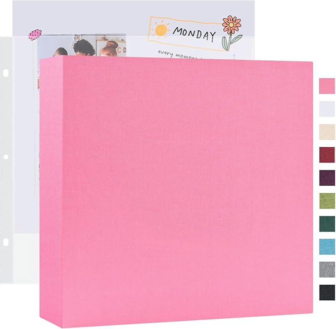 Mublalbum 12x12 Inch Large 3 Ring DIY Scrapbook Photo Album with 40 Plastic Sleeves 80 Pages Linen Cover Folder Binder for Baby Travel Wedding Couple Anniversary and DIY Projects (Pink)