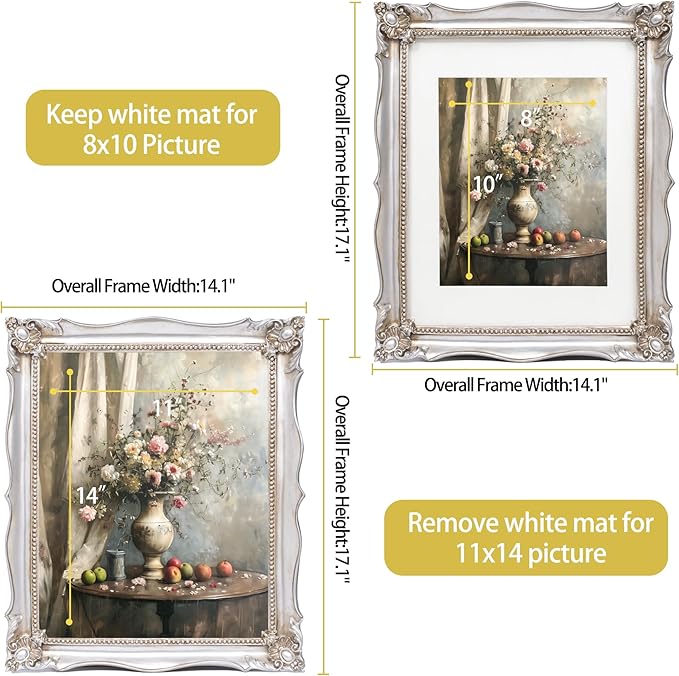 11x14 Vintage Picture Frame with Embossed Flower Design, Silver Ornate Frame for 11x14 or 8x10 Pictures with White Mat, Hand-Crafted Resin Antique Baroque Frames with Hook for Wall Mounting Display(Silver)