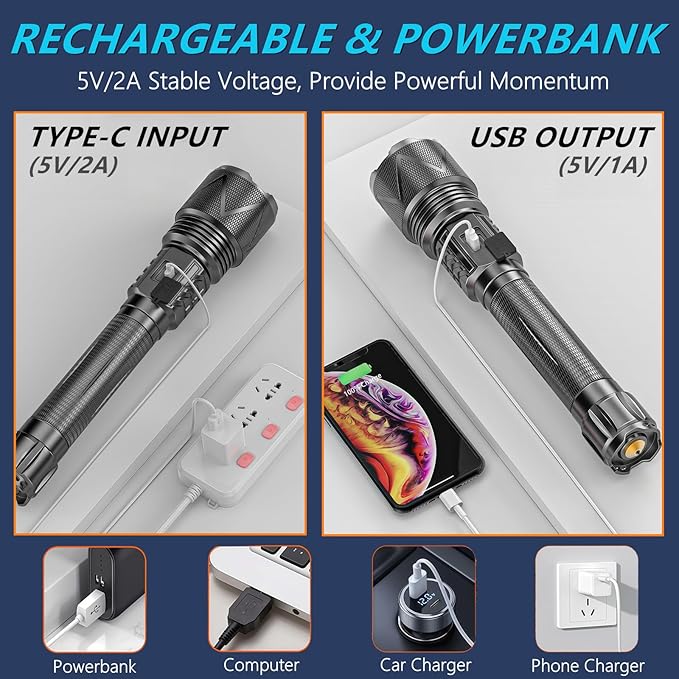 10,000 High Lumens Rechargeable LED Flashlights, 70W High Power XHP360 Wick Super Bright Zoomable Tactical Flashlight with USB Output, Dual Powerd Large Size Flash Light for Emergency Camping Hunting