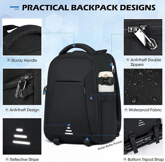 RAINSMORE Camera Bag Professional DSLR SLR Mirrorless Photography Camera Backpack 15.6 Inch Waterproof Camera Case With Tripod Holder&Laptop Compartment for Canon Nikon Sony for Photographers Black