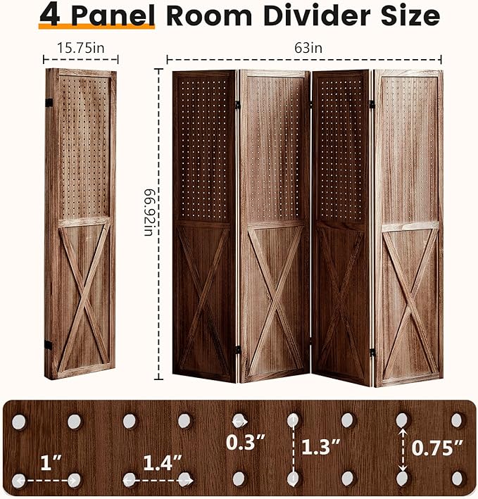 4 Panel Pegboard Wood Room Divider, 5.6Ft Pegboard Display Folding Privacy Screens, Peg Board Display Freestanding for Trade Show Craft Show Home Wall Organizer, Retro Brown