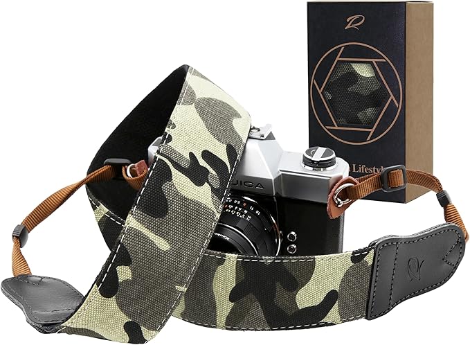 Padwa Lifestyle Camouflage Camera Strap - Double Layer Cowhide Ends,2" Pure Cotton Vintage Woven forest Camo Camera Straps,Adjustable Neck & Shoulder Strap for All DSLR Cameras,Gift for Photographers