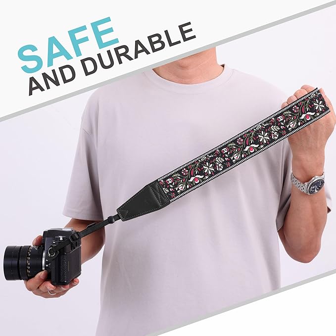 Padwa Lifestyle Camera Strap - 2" Full Grain Leather Ends Camera Straps for Photographers, Vintage Embroidered Cotton Weave Soft Strap Quick Release fits All Cameras