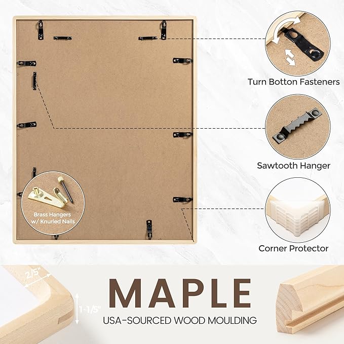 11x14 Picture Frame, USA-Sourced Natural Maple Wood Photo Frame with Tempered Glass, Handcrafted Rounded Corner 11 x 14 Wooden Frame Matted to 8x10 Photos, Wall or Tabletop Display