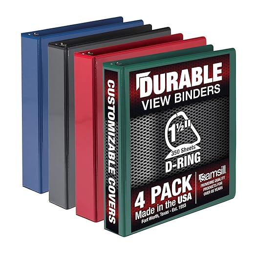 Samsill Durable 1.5 inch 3 Ring Binder, Made in USA, D Ring Binder, FSC 100% Recycled Chipboard, Basis Assortment, 4 Pack