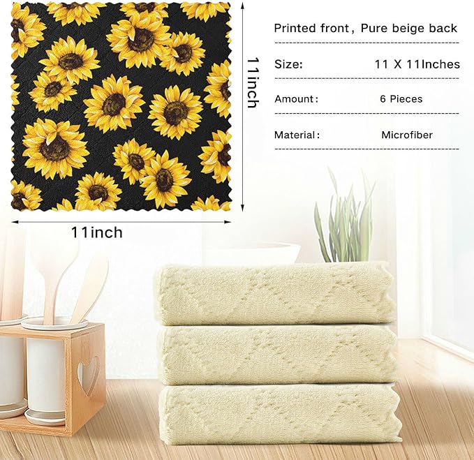 CaTaKu Vintage Sunflowers Microfiber Reusable Cleaning Cloths Kitchen Dish Cloths Dish Rags for Washing Dishes, Sunflower Dish Towels Washcloths for Kitchen Drying, 6 Pack