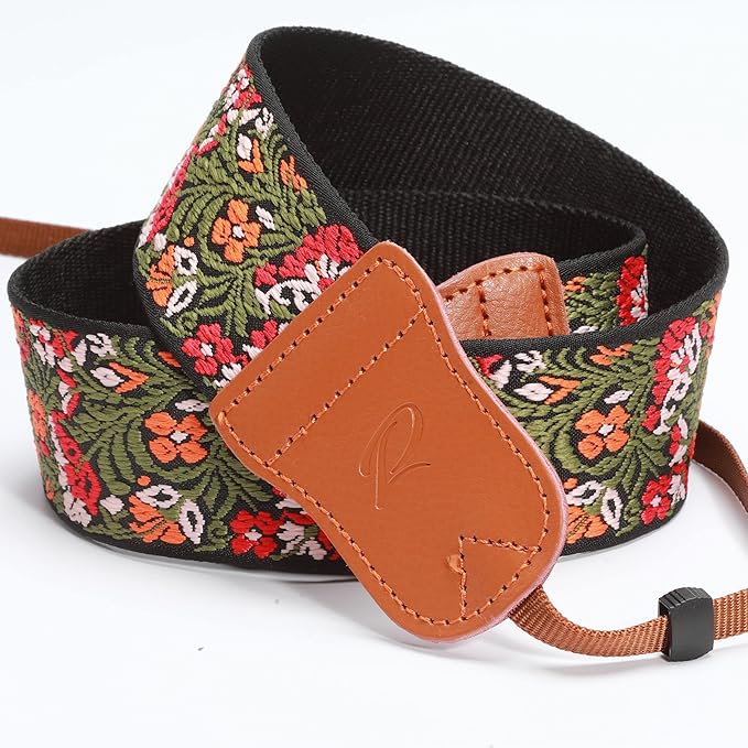 Padwa Lifestyle Green Flower Camera Strap for All DSLR Cameras,Double Layer Cowhide Ends,2" Wide Pure Cotton Embroidered Woven Camera Straps,Adjustable Neck & Shoulder Strap,Gift for Photographers