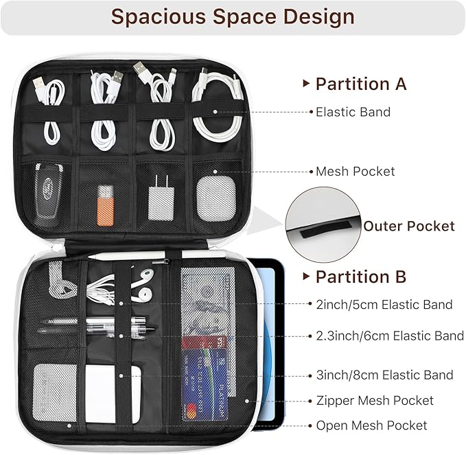 Dadanism Electronics Travel Organizer Case, Double Layers Cord Organizer Travel All-in-One Storage Bag for Cable, Cord, iPad, Chargers, fits 9-11'' Tablets, Portable Tech Accessories Bag, Gray White