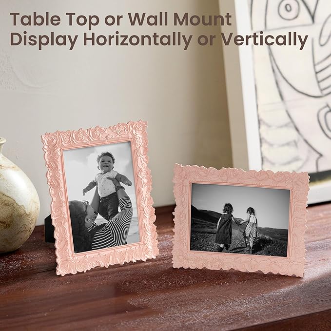 Axeman Vintage Pink Picture Frame 5x7 | Antique 5 x 7 Picture Frame with Real Glass | Ornate Rose 5x7 Frame for Wall & Tabletop Display | Pink 5 by 7 Frame