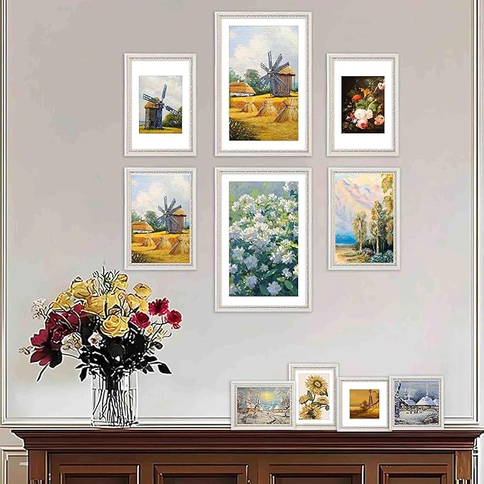 VIOLABBEY 11x17 White Gold Picture Frame, Display 9x15 Photo with Mat or 11x17 without Mat, Ornate Vintage 11 x 17 White Gold Frame for Wall Decor or Tabletop Display