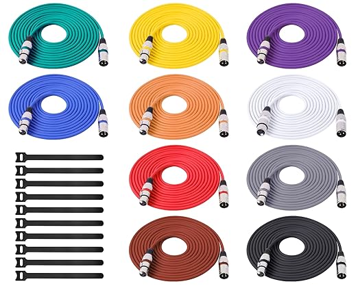 10 Color XLR Cable, Multicolor XLR Male to Female 15ft Audio Cables 10 Pack, 3 Pin Balanced XLR Microphone Cables Color Boots XLR Mic Cord Ideal for Microphones, Live Stage, Speaker, Audio Mixer