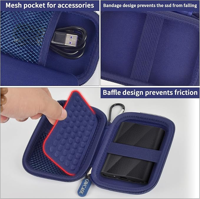 Case Compatible with Samsung T9/ T7/ T7 Shield Portable SSD 1TB 2TB 4TB External Hard Drive, Storage Travel Carrying Holder Organizer for Solid State Drives & USB Cable (Box Only)-Blue