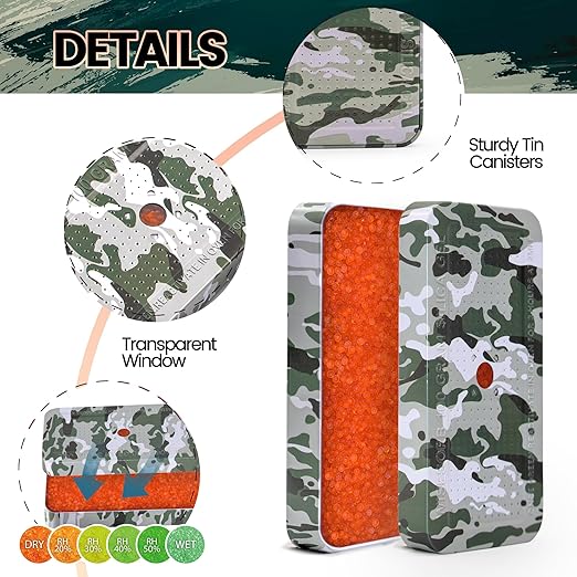 100 Gram Camouflage Gun Safe Dehumidifier Silica Gel Canister Rechargeable Dehumidifier Desiccant Reusable Indicating Desiccant Moisture Absorber with Visible Window [30PACK]