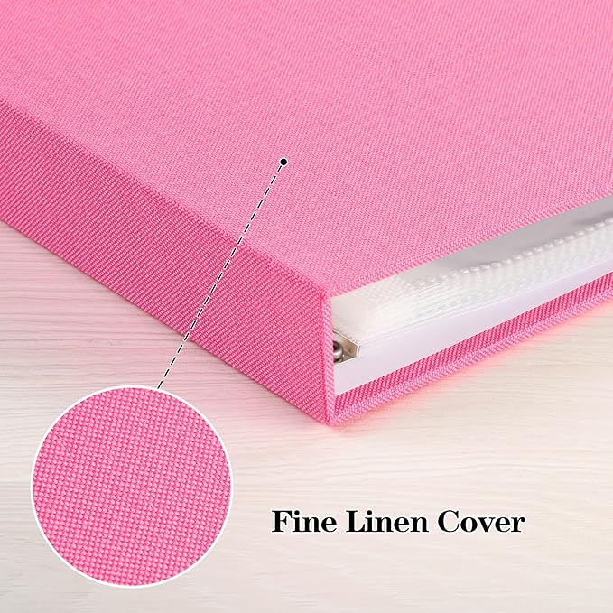 Mublalbum 12x12 Inch Large 3 Ring DIY Scrapbook Photo Album with 20 Plastic Sleeves 40 Pages Linen Cover Folder Binder for Baby Travel Wedding Anniversary and DIY Projects (Pink)