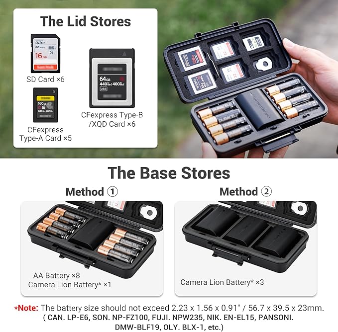 JJC Multi-Function Camera Battery Memory Card Storage Case for 6 SD Card,6 CFexpress Type-B/XQD Cards,5 CFexpress Type-A Cards,8 AA Batteries,3 Camera Batteries Holder Box for LP-E6 NP-FZ100 NPW235