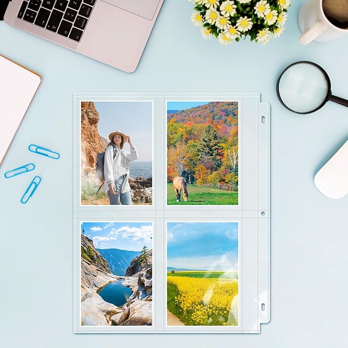 VOKOY 50 Pack 3.5" x 5" Clear Photo Sleeves for 3 Ring Binder, Double Sided 4-Pocket Sheet Protectors Archival Photo Album Index Card Refill Pages Storage Pockets Organizer, 400 Pockets