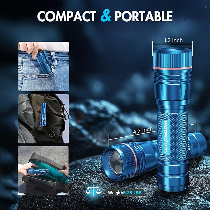 WdtPro Rechargeable Flashlights High Lumens, 2 Pack 10H Long Lasting Super Bright EDC Flashlight, LED Mini Tactical Flash Lights for Camping Emergency, Drop & Water Resistant Blue(Battery Included)