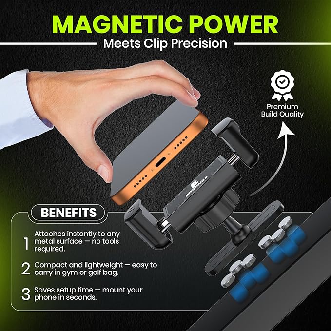 Magnetic Phone Holder for Gym with N52 Magnet and Secure Clip, Strong Magnetic Phone Mount for All Phones, Attaches to Metal Surfaces, Portable Gym Accessories for Men & Women, Secure Grip