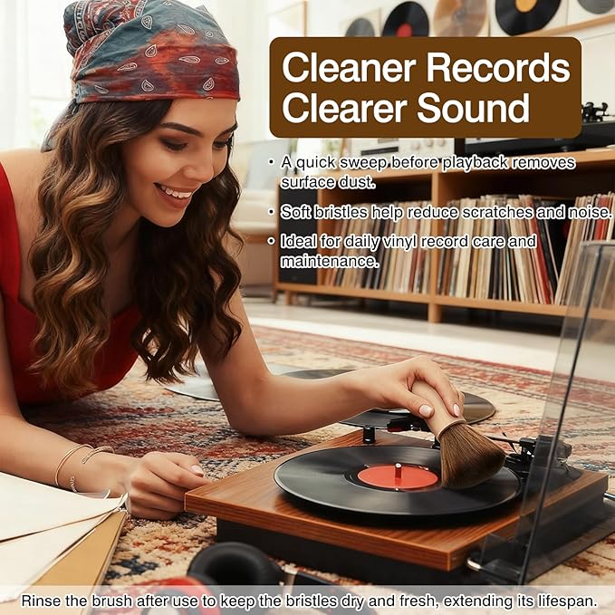 Anti-Static Vinyl Record Cleaning Brush with Wooden Handle for LP, CD & Turntable Cartridge