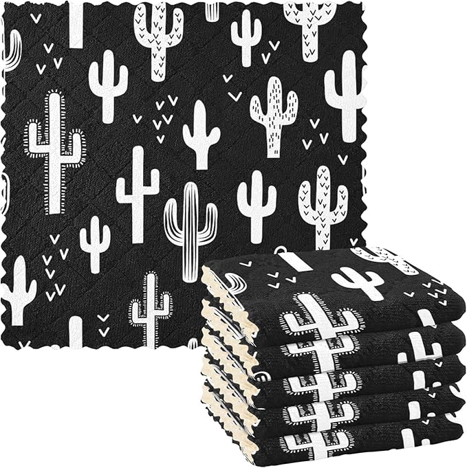 CaTaKu Black and White Cactus Kitchen Dish Cloths, 6 Pack Reusable Dish Rags for Washing Dishes, Microfiber Cleaning Cloths Dish Towels Washcloths for Kitchen Drying