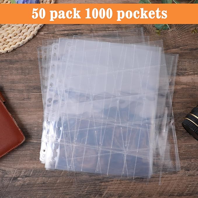 50 Pack Protective Photo Slide Pages Holds 20 Slides Top Loading Photo Page Sleeves for 3 Ring Binder Holds 1000 2 x 2 Inch Photos Clear Archival Slide Storage Album Refill Preservers