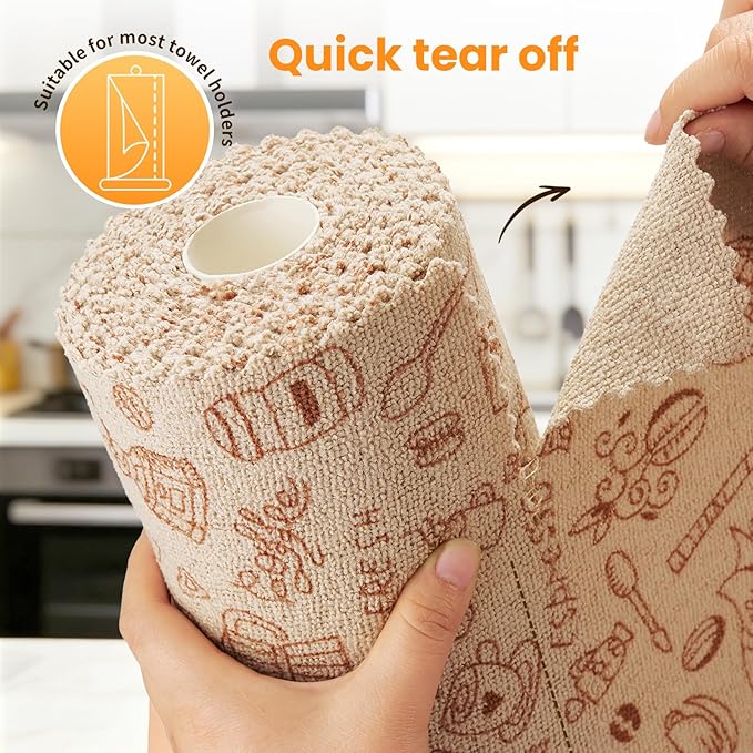 Microfiber Cleaning Cloth Roll, 50-Count Reusable Durable Absorbent Lint-Free Non-Scratch Towels, Dish Rags for Kitchen & Home, Studio, Multi-Purpose, Food Pattern, 12x12 in